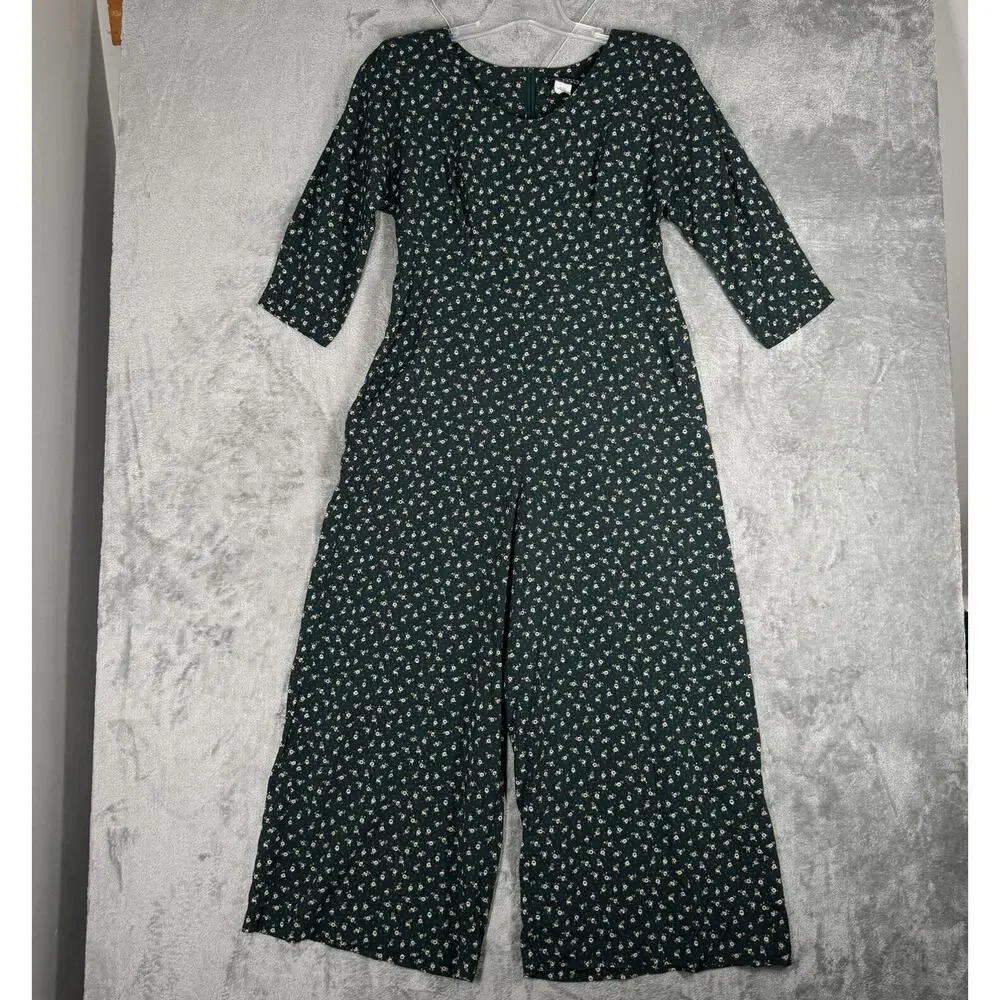 Cimmaron Jumpsuit Womens Medium Green Cream Floral Flowers Wide Leg Peasant Boho
